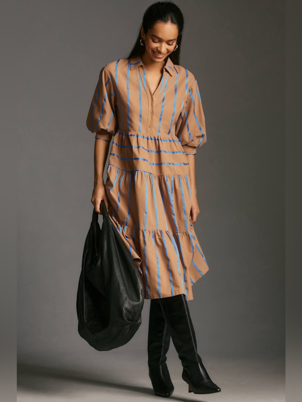 English Factory Tan and blue stripes Midi Dress XS